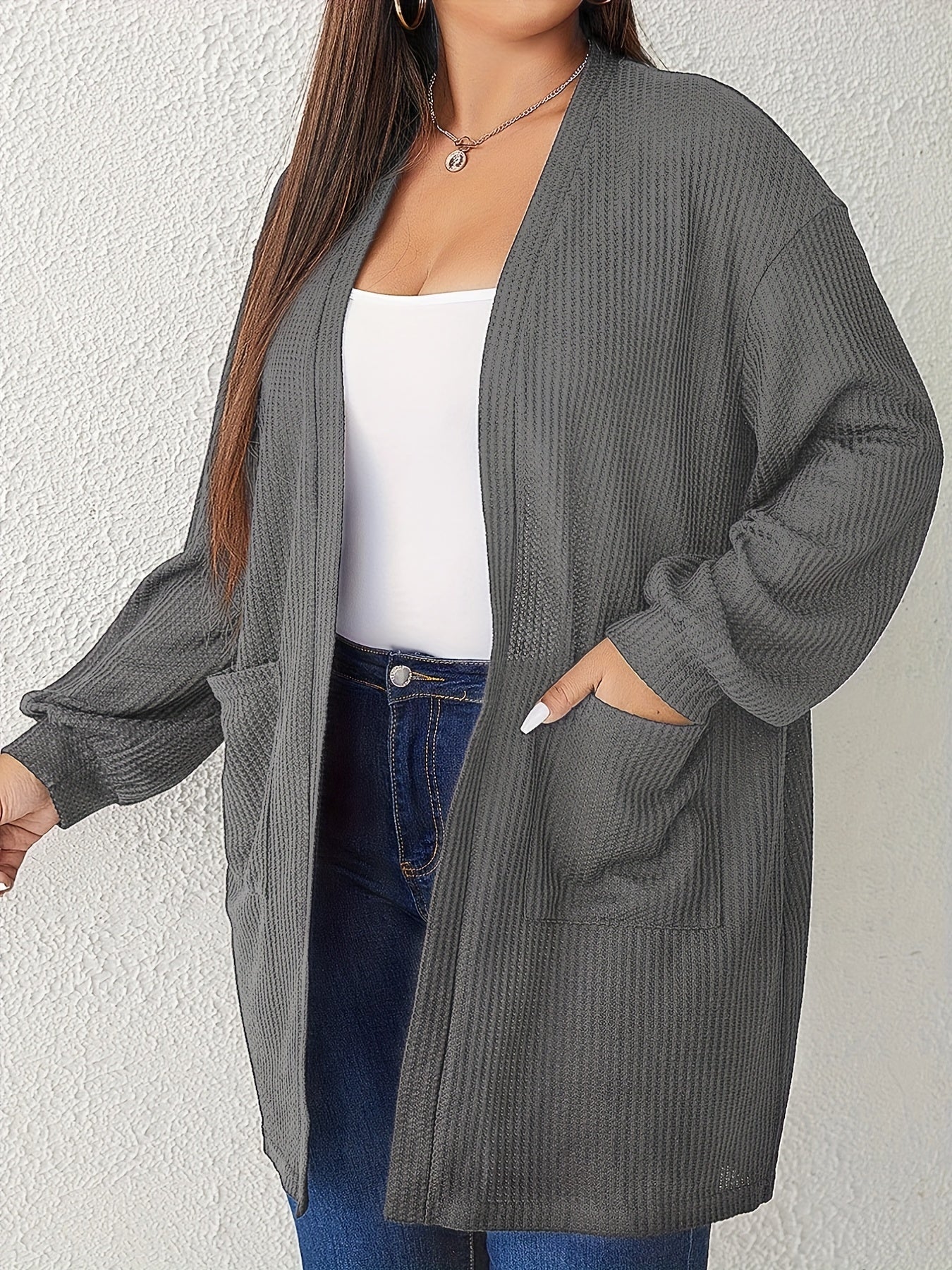  Solid Waffle Pattern Long Sleeve Open Front Cardigan
