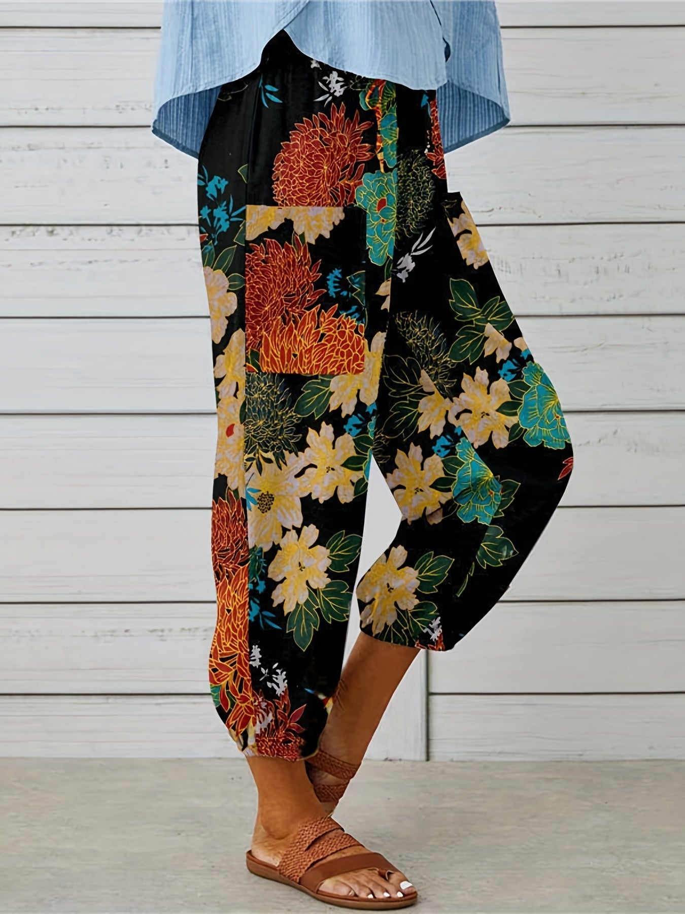 Women's Plus Size Boho Floral Print Wide Leg Joggers