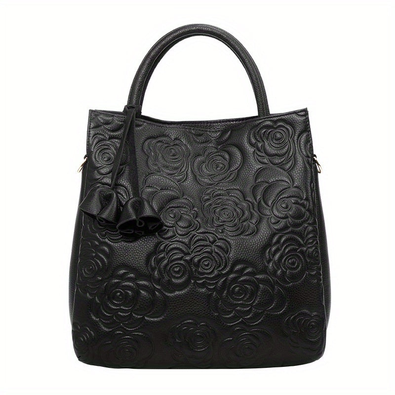 Flower Embossed Leather Tote Bag Top Handle Purse