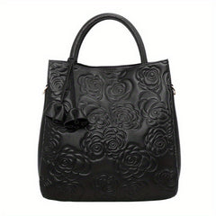 Flower Embossed Leather Tote Bag Top Handle Purse