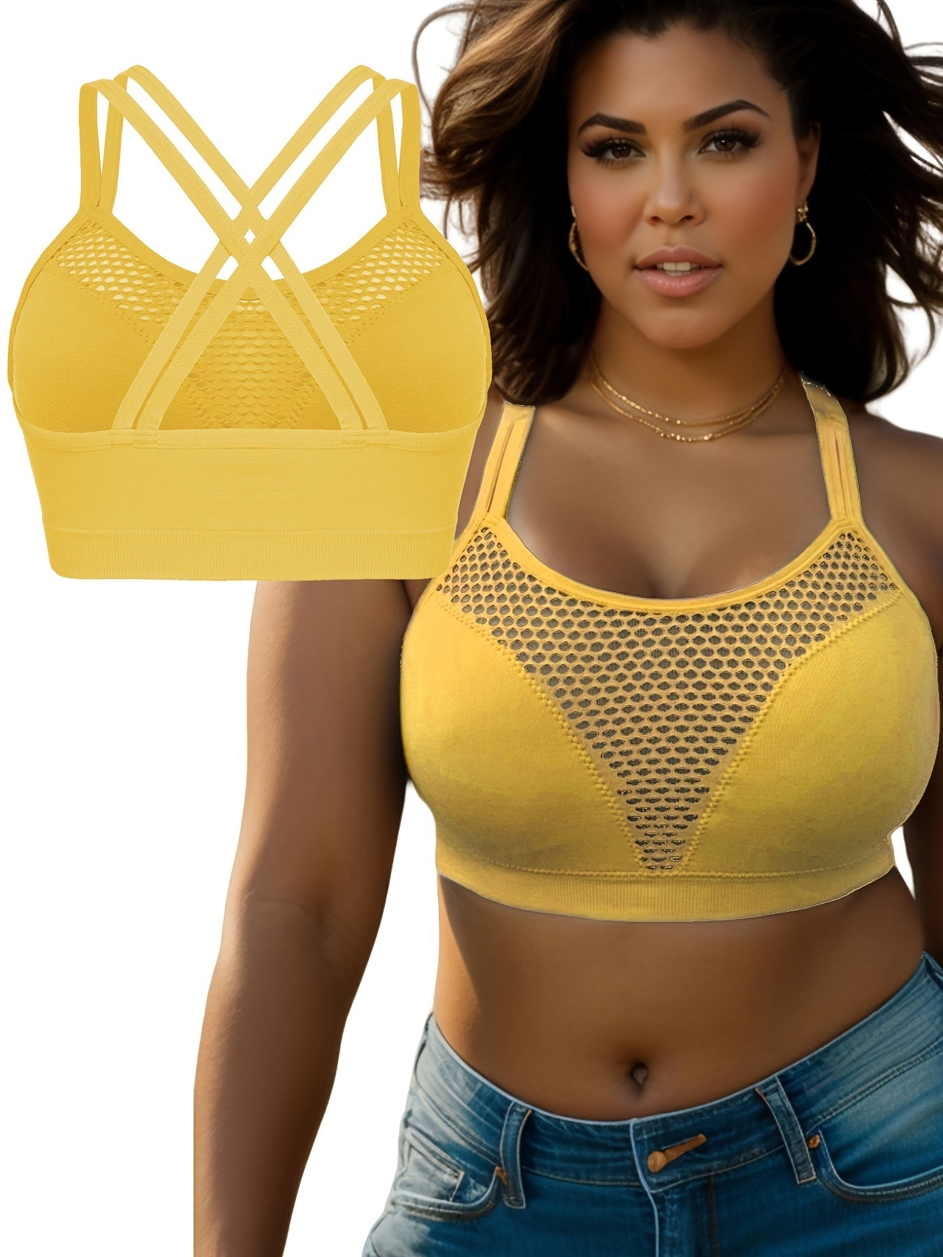  Sports Bra Solid Hollow Out Round Neck Criss Cross Bra