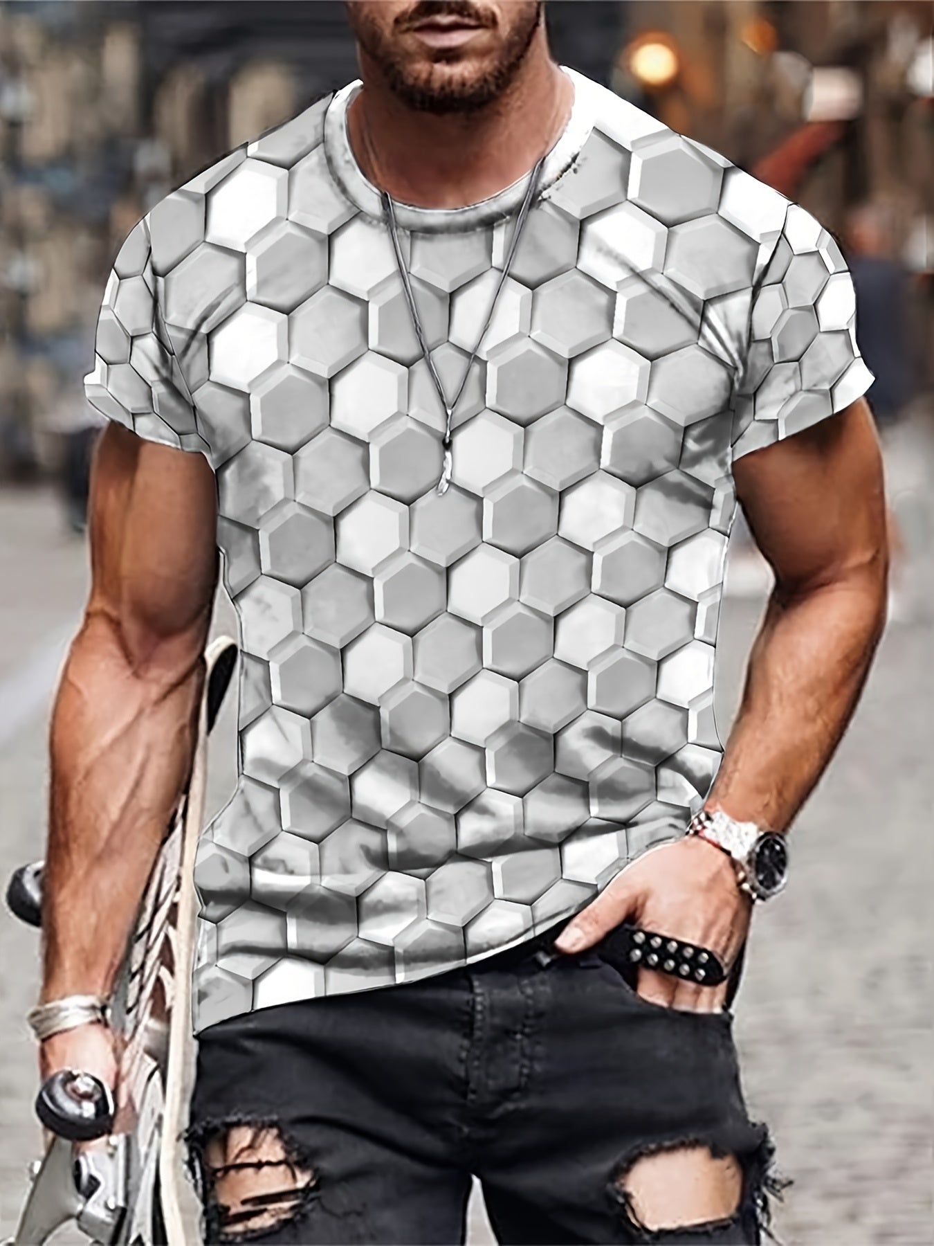 Men's 3D Geometry Print T shirt Active Crew Neck Tee