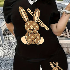  Cartoon Rabbit Print Top & Shorts Set