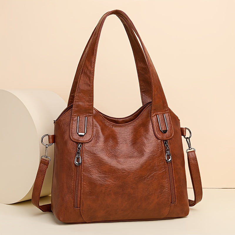 Retro PU Leather Shoulder Bag Zipper Front Crossbody Bag For Women