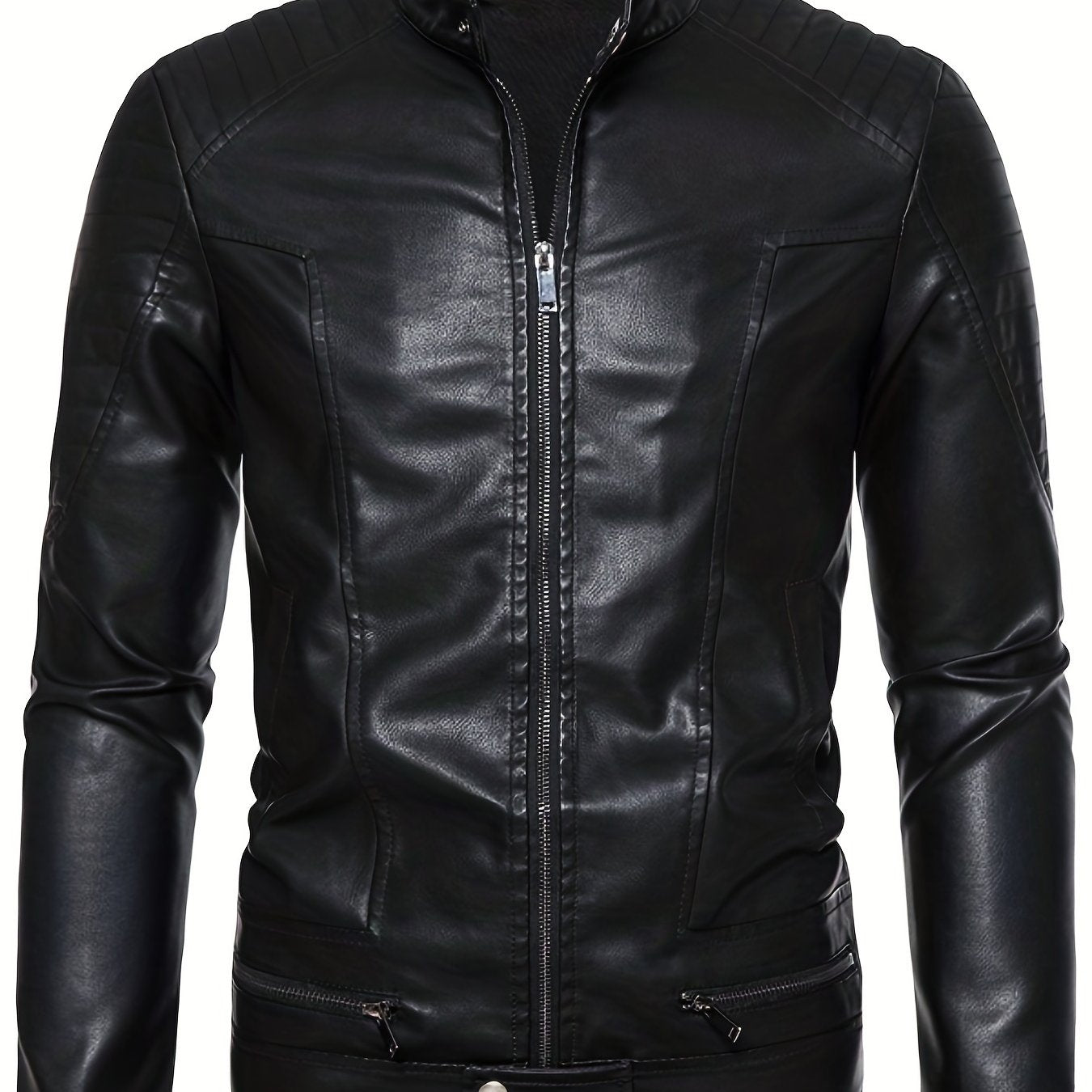 Men's PU Zip Up Stand Collar Faux Leather Jacket