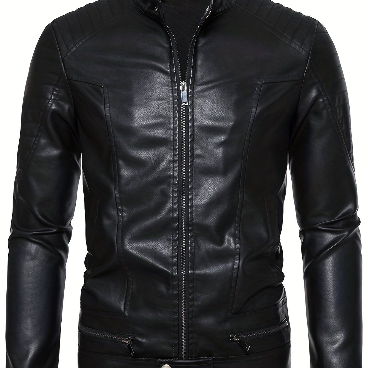 Men's PU Zip Up Stand Collar Faux Leather Jacket