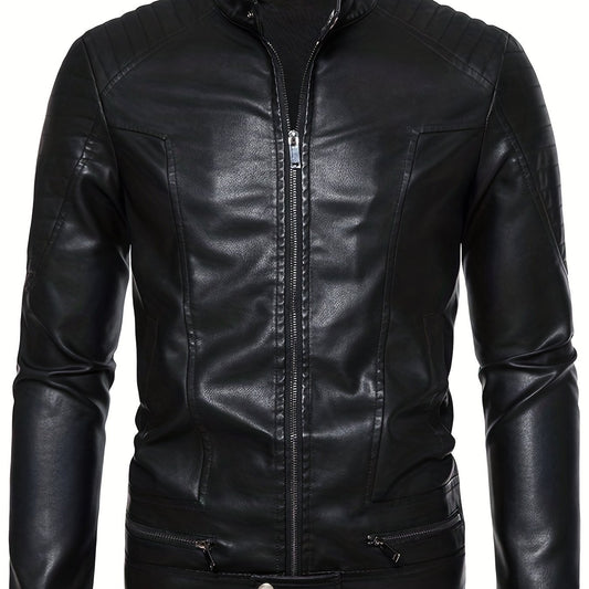 Men's PU Zip Up Stand Collar Faux Leather Jacket