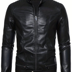 Men's PU Zip Up Stand Collar Faux Leather Jacket