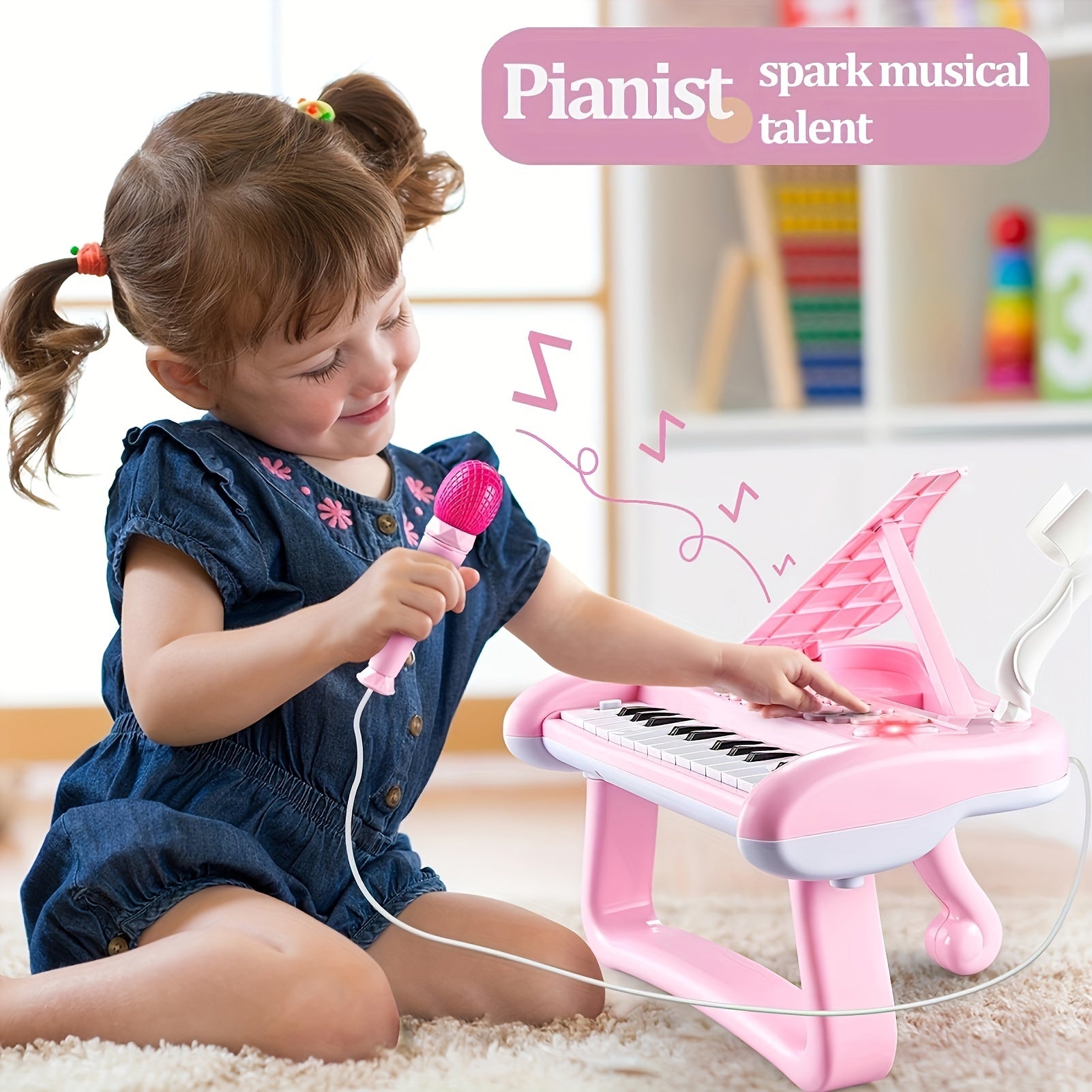 Pink Piano Toy with Microphone for Girls