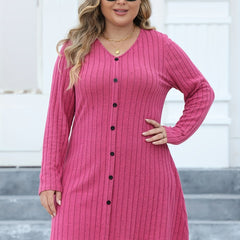  Ribbed Button Long Sleeve Mini Dress