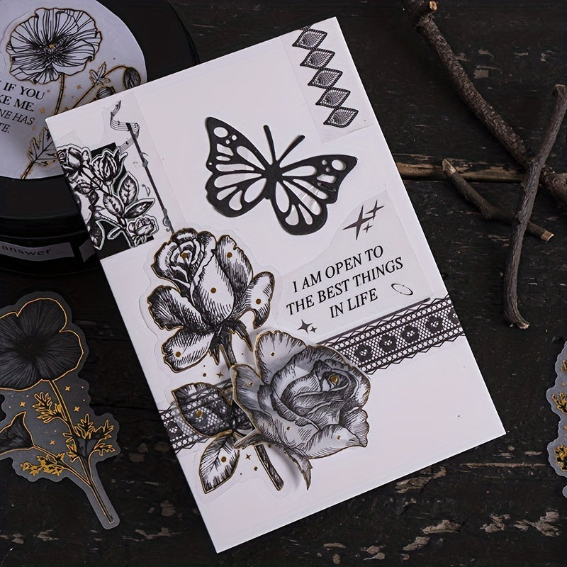 Retro Flower Stickers Set - Literary Artistic Plant Silvery Stamping DIY Decor