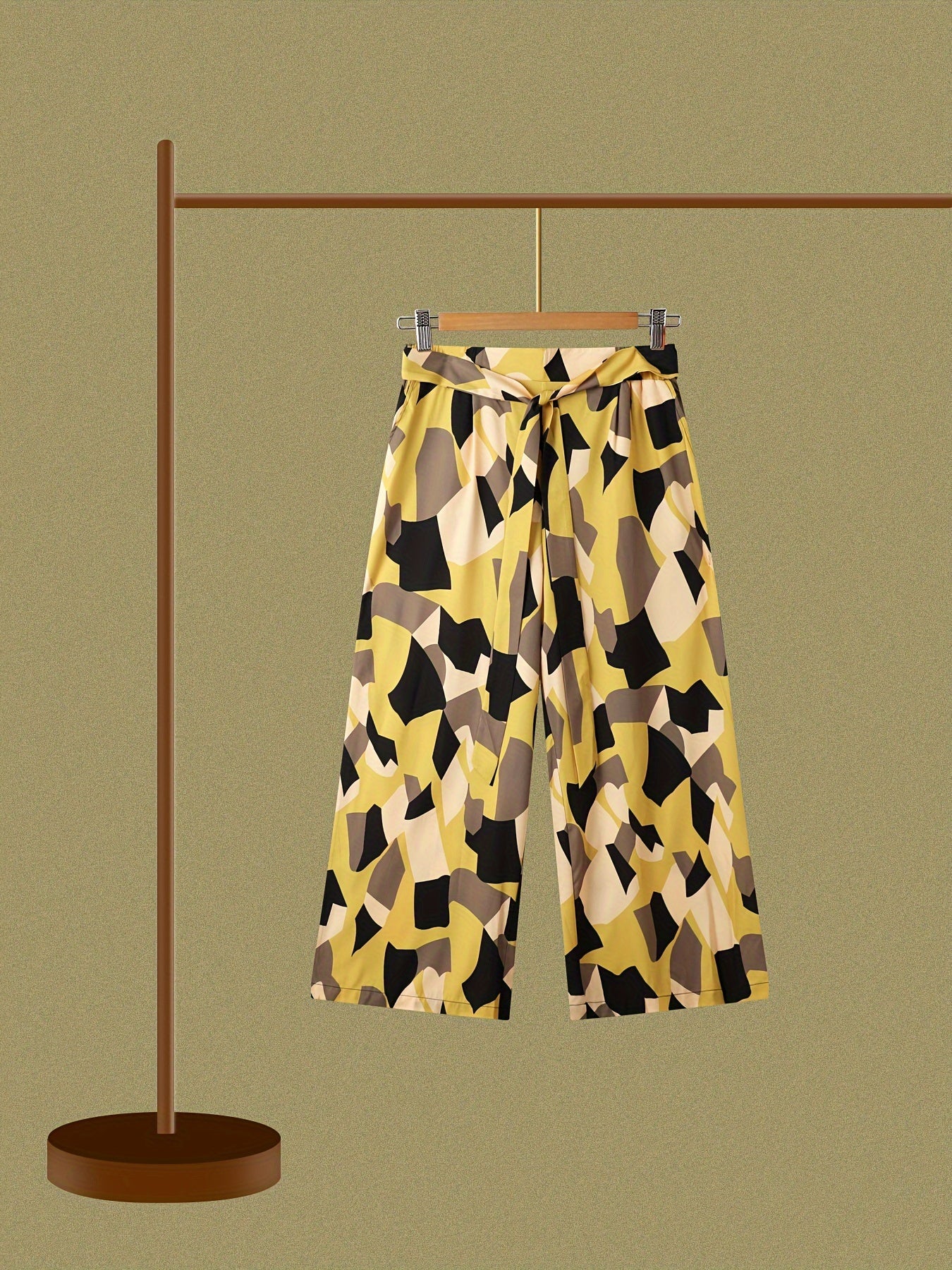 Colorblock Geometric Print Belted High Rise Wide Leg Pants