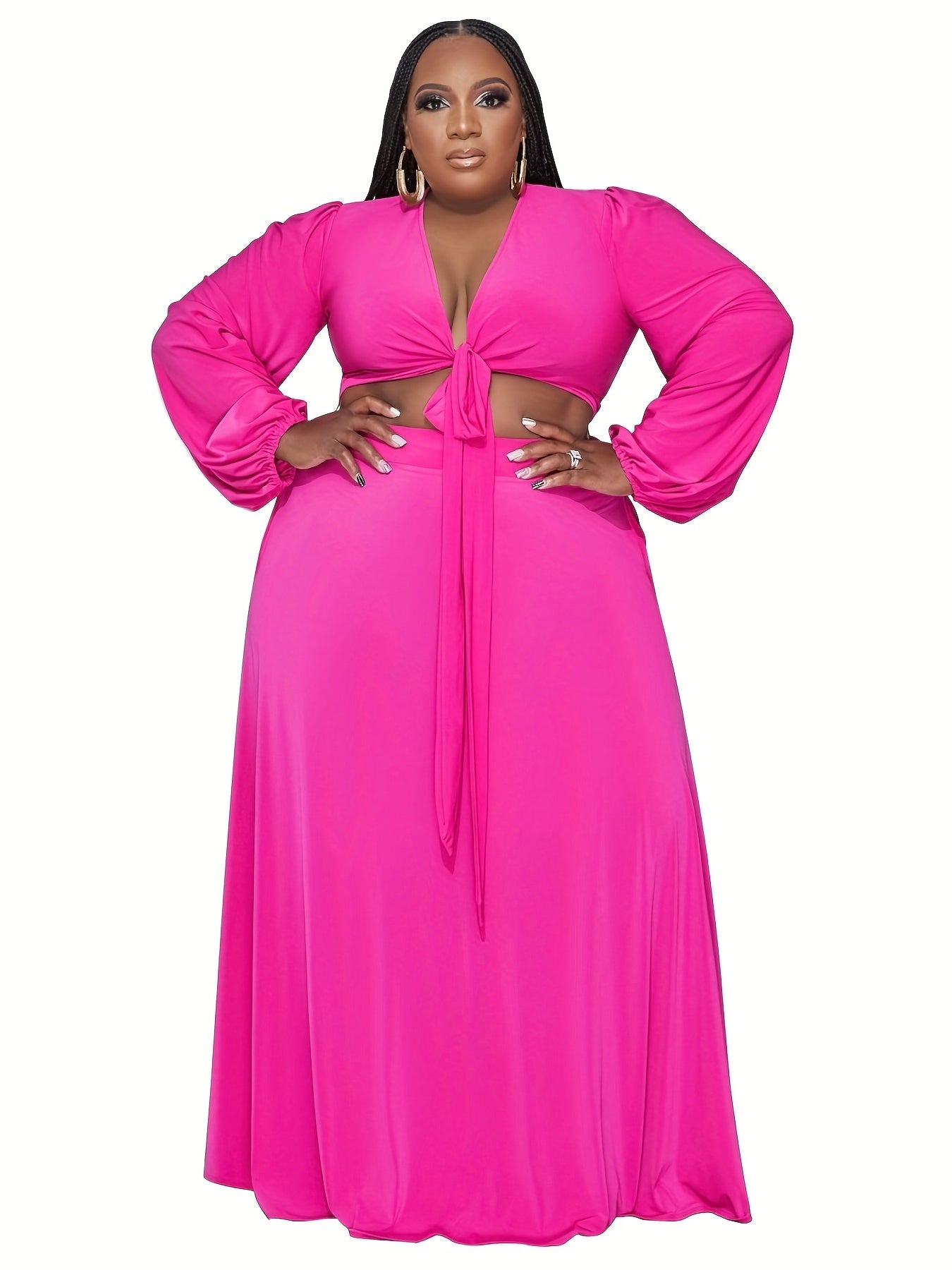  Long Sleeve Knot Crop Top & Maxi Skirt Set