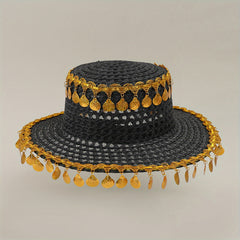 Boho Tassel Sun Hat Flat Top Crochet Straw Hat Mesh Beach Hats