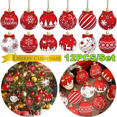 12pcs Rustic Wooden Christmas Ornaments Xmas Festive Ball & Gnome Pendants