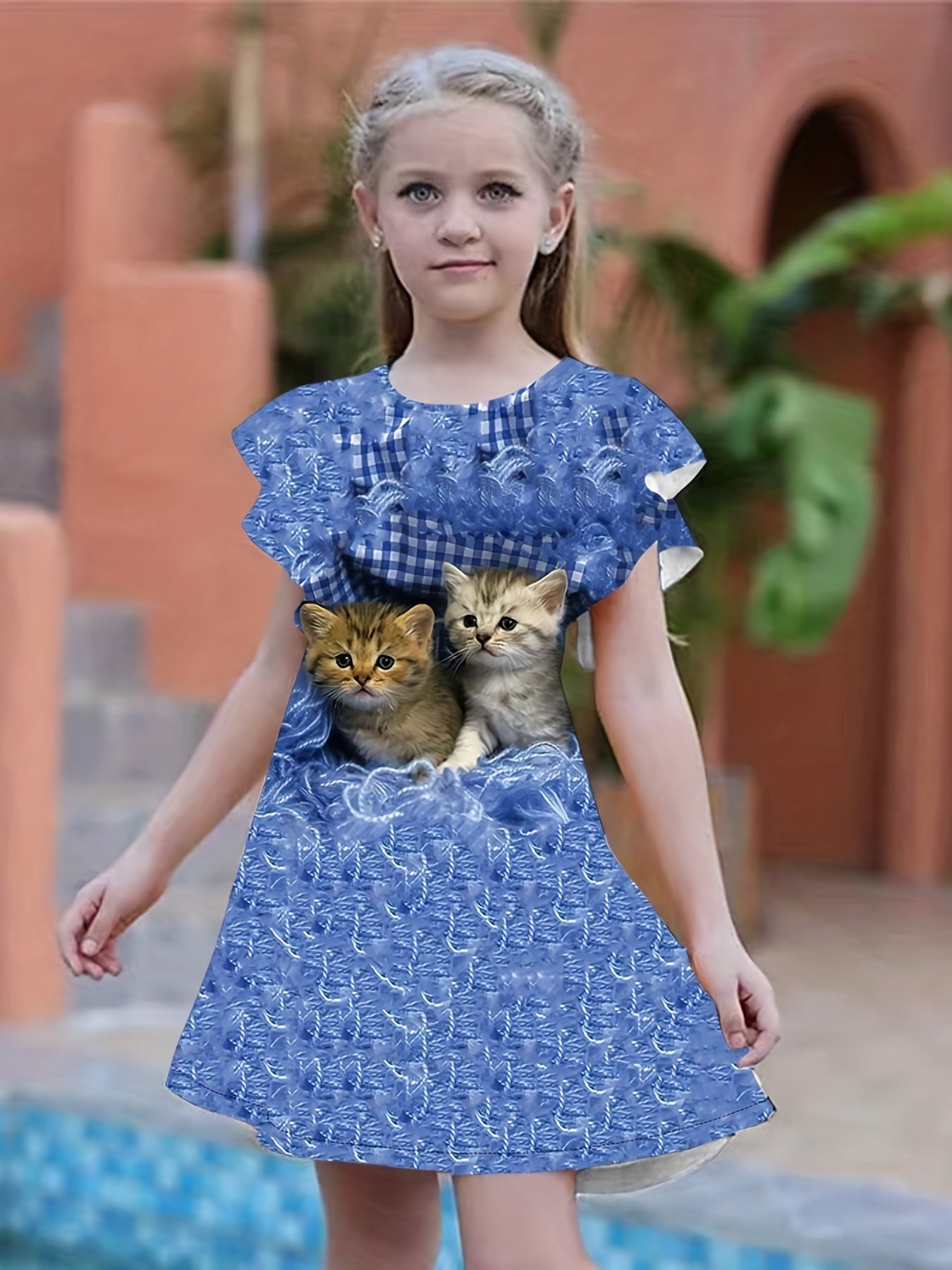 Kitty Graphic Ruffle Short Sleeve Dress Girls Clothes Party