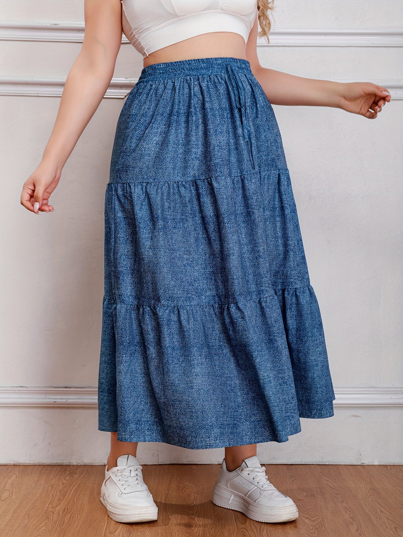  Casual Skirt Women's Plus Denim Print Drawstring Elastic High Rise