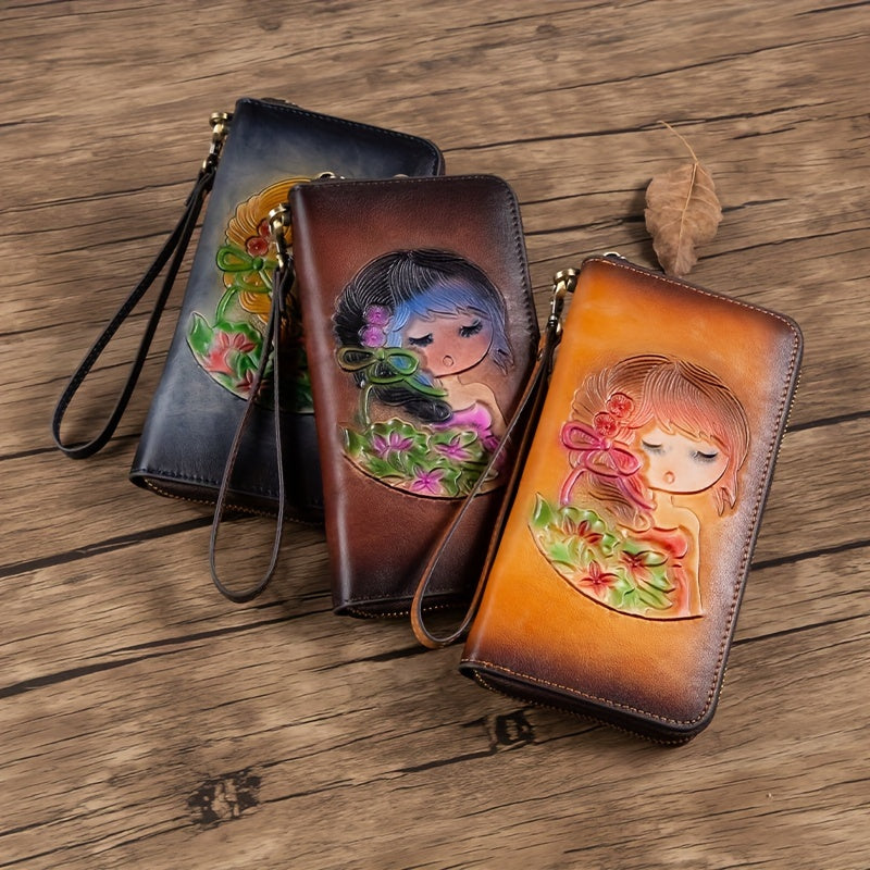 Handcrafted Leather Women's Wallet Floral & Illustration Zipper