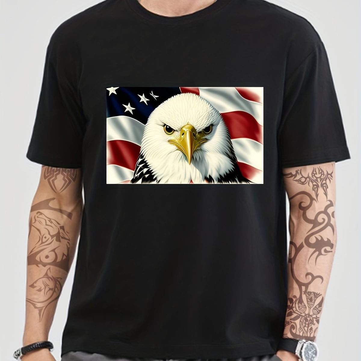 Cotton Eagle & Flag Print Men's Graphic Tee Summer Vacation Casual Top