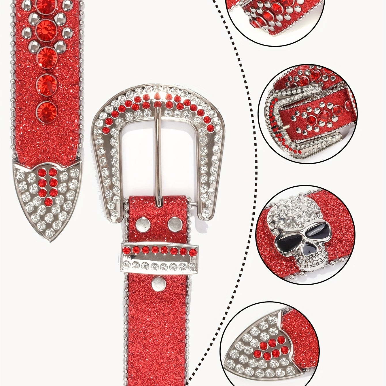 Red Rhinestone Skull Head Belt Punk Rivet Leather Belt
