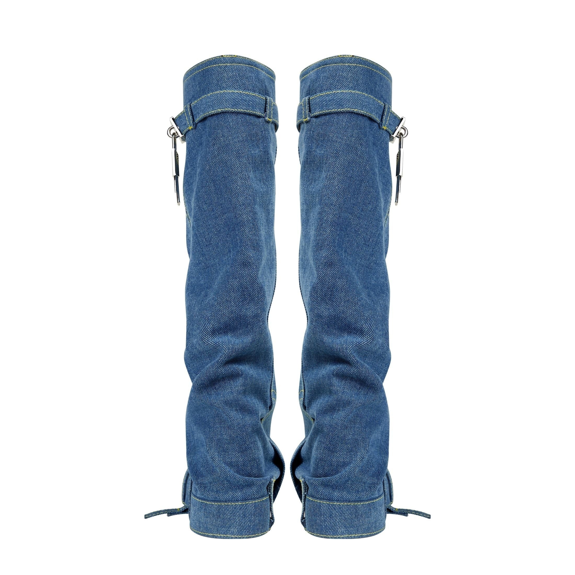 Women's Padlock Decor Fold Long Boots Mid Calf Wedge Denim Platform
