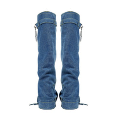 Women's Padlock Decor Fold Long Boots Mid Calf Wedge Denim Platform