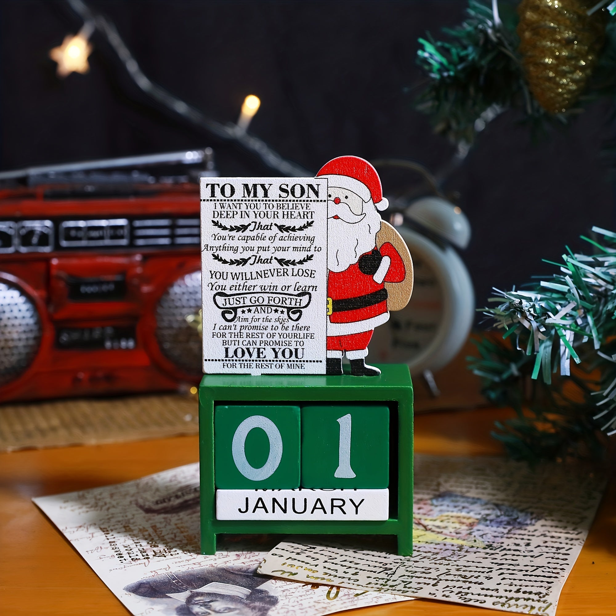 Wooden Block Desktop Calendar Christmas Decor Engraved Santa Reindeer Snowman