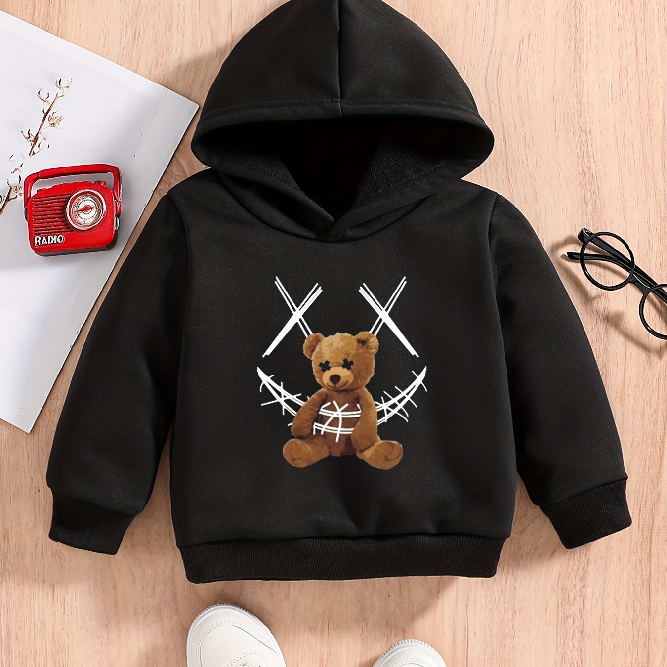 Teddy Bear Print Baby Boys Hooded Sweatshirt