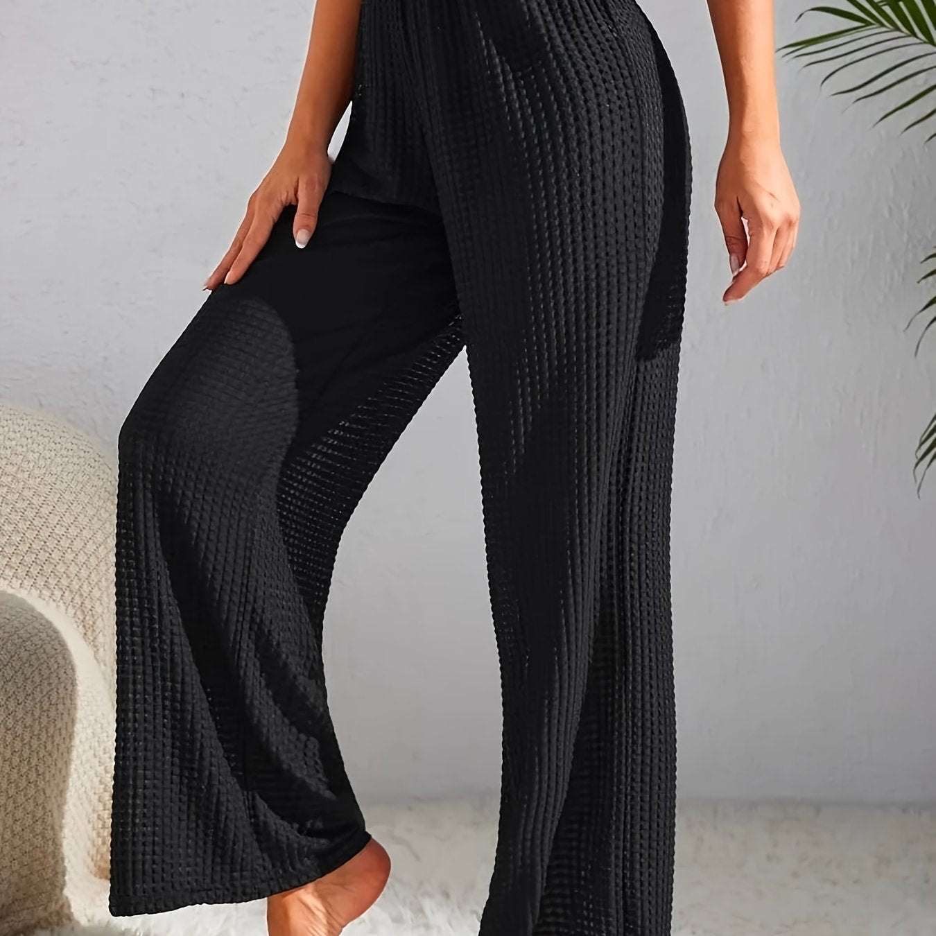  Retro Pants Women's Plus Solid Waffle Elastic Semi Sheer High Rise