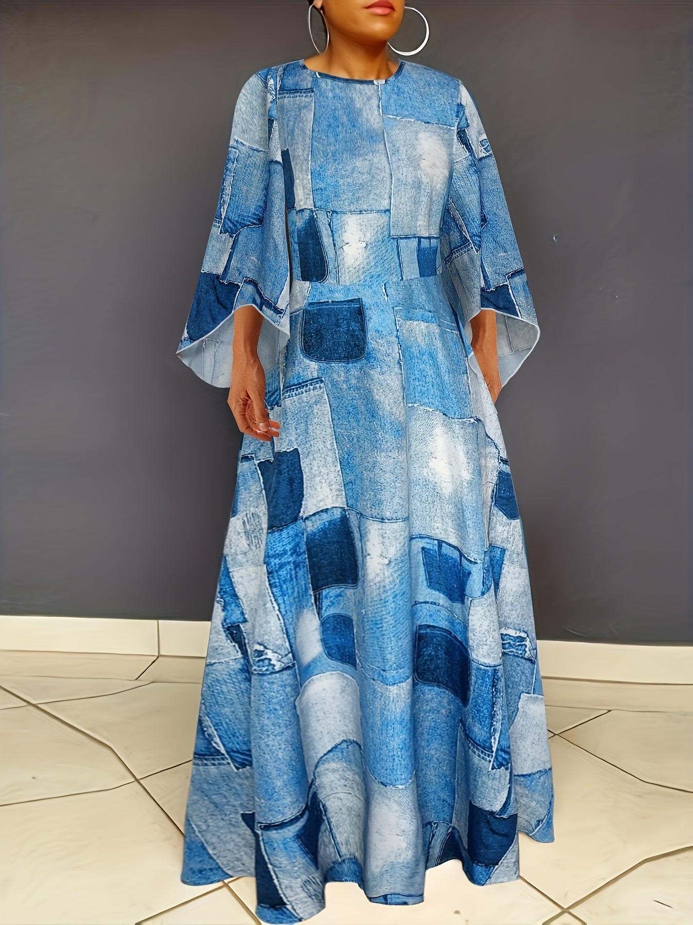 Plus Denim Print Bell Sleeve Round Neck Maxi Dress