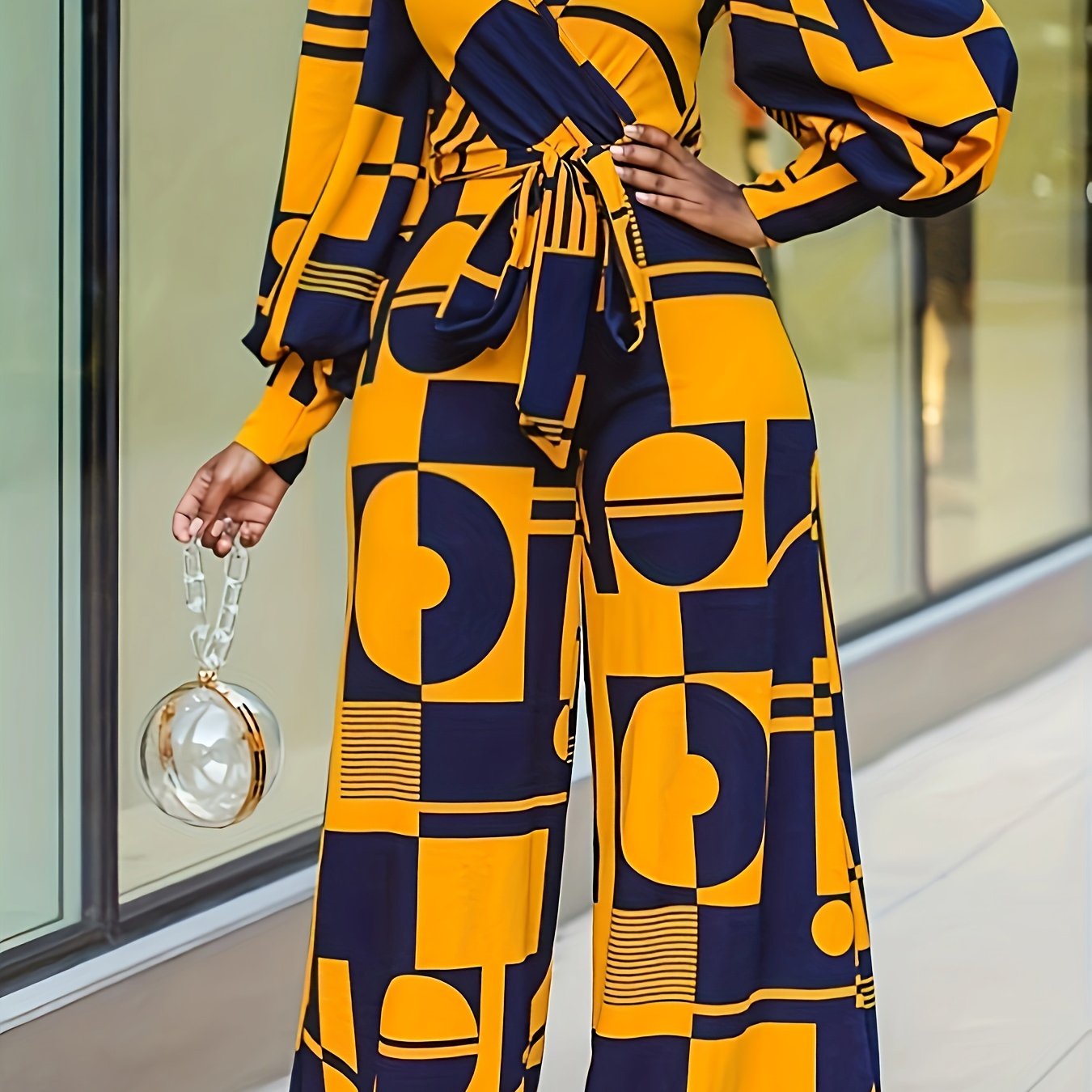 Plus Geometric Print Lantern Sleeve Surplice Neck Wide Leg Jumpsuit