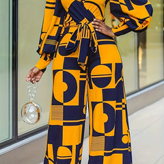 Plus Geometric Print Lantern Sleeve Surplice Neck Wide Leg Jumpsuit