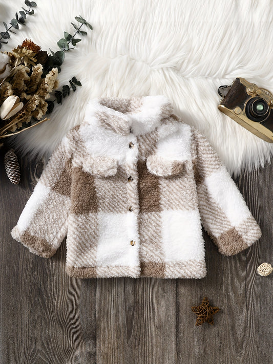 Boys Plaid Print Furry Coat Thermal Jacket