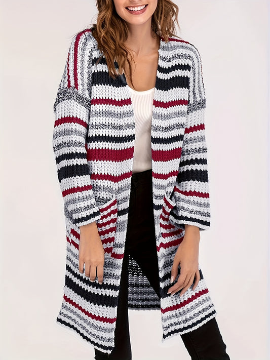  Striped Long Sleeve Open Front Cardigan with Pockets