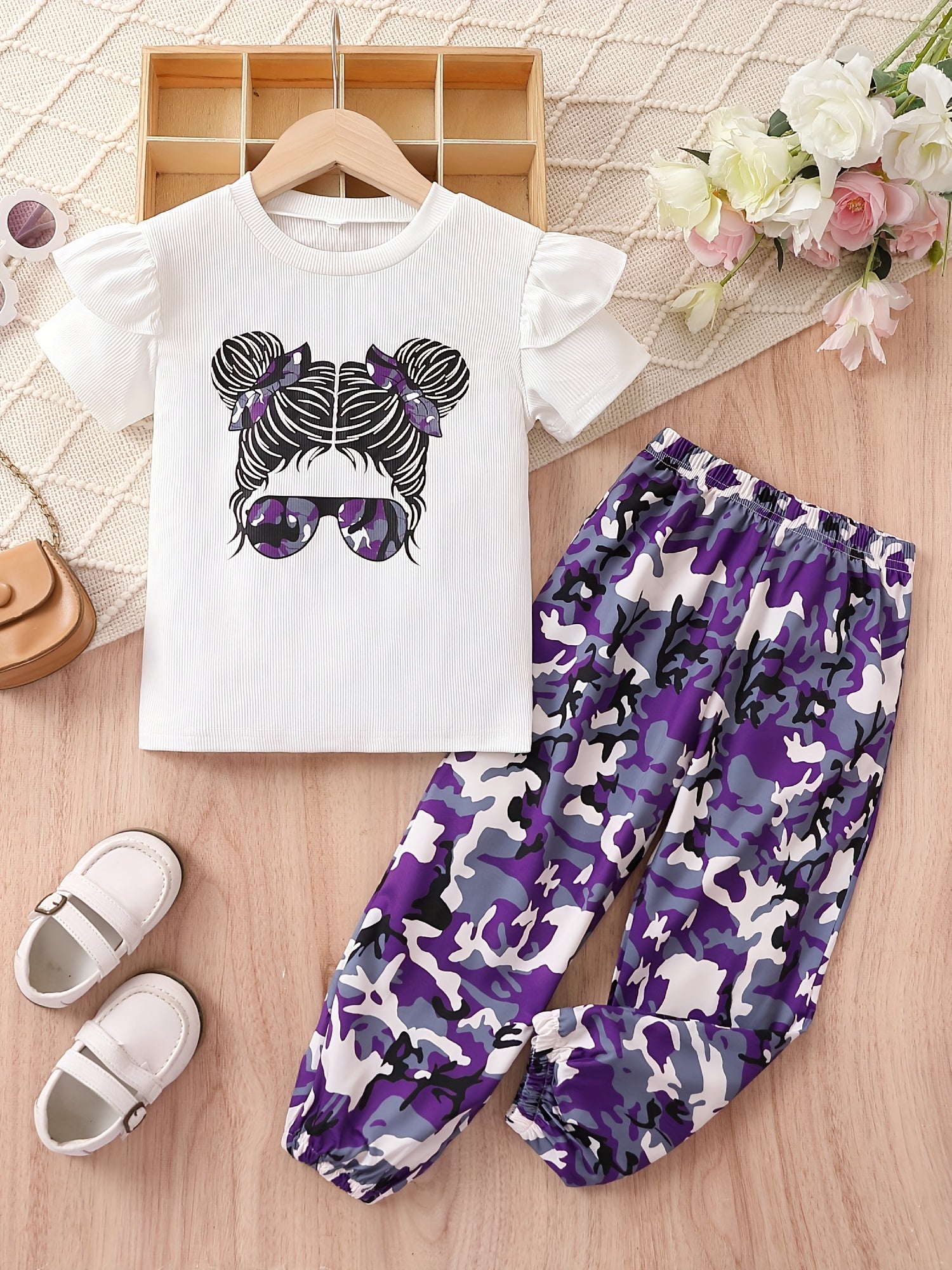 Girl's Sunglasses Print T-shirt & Pants Set for Summer
