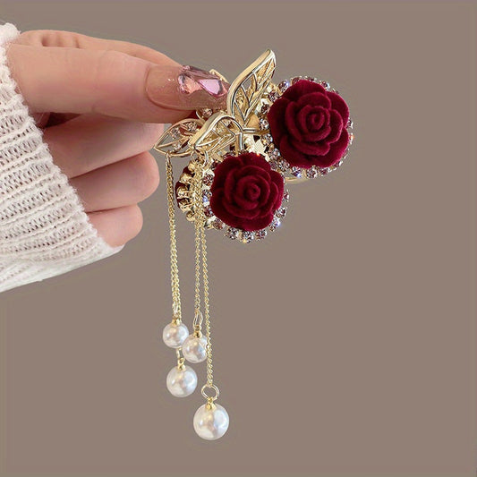 Red Rose Hair Claw Faux Pearl Tassel Ponytail Holder Nonslip