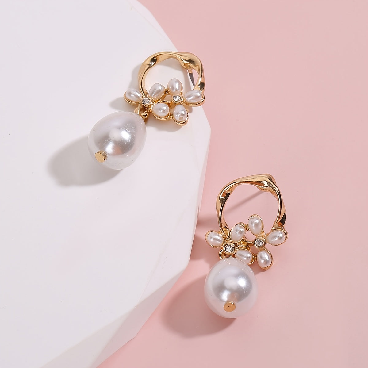 Vintage Flower & Faux Pearl Earrings 14K Plated Rhinestones 1 Pair