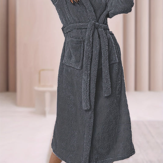  Solid Hooded Fuzzy Fleece Soft Bathrobe With Belt & Pockets