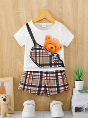 Preppy Kids Bear Graphic T-shirt & Plaid Shorts Set