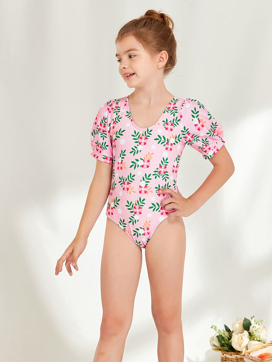 Girls Short Puff Sleeve Flowers Swimsuit Kids Beach Clothes Bathing Suits