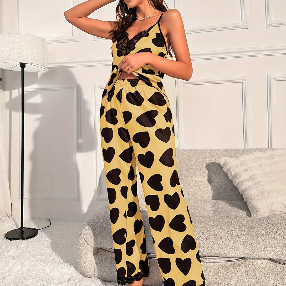 Heart Print Pajama Set Lace Trim V Neck Cami Top & Pants Sleepwear
