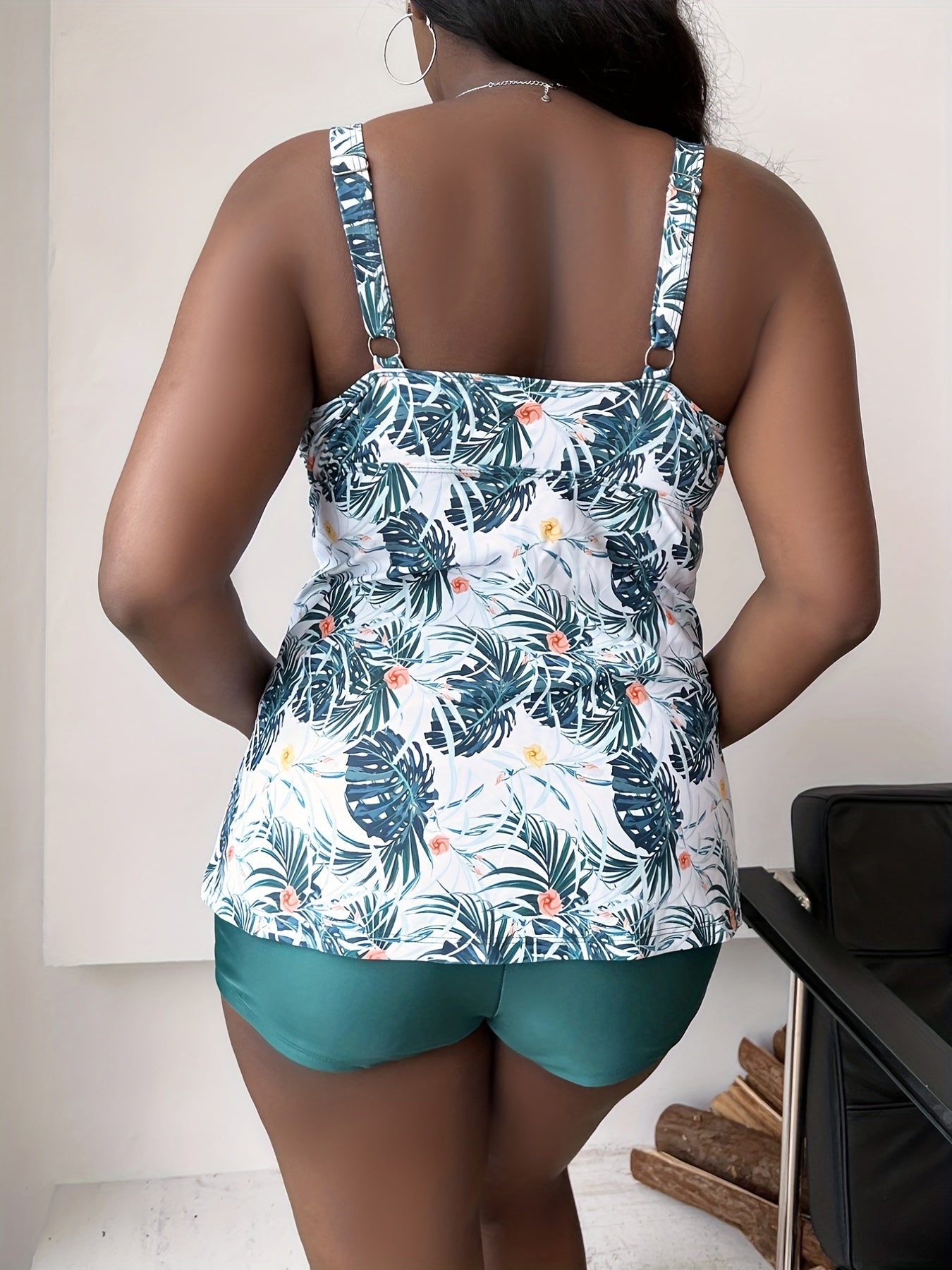  Tropical Print Tankini Set with Cross Front Tank Top & Shorts