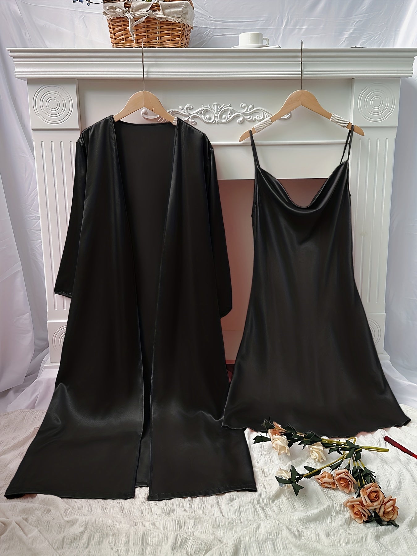 Satin Pajama Set & Robe Long Sleeve V Neck Slip Dress