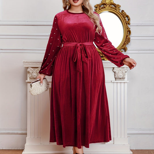  Velvet Maxi Dress with Lantern Sleeves and Belt