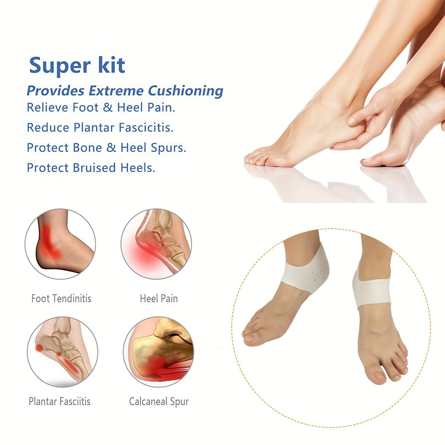 Gel Heel Cups Plantar Fasciitis Inserts Heel Pads Cushion 6Pcs