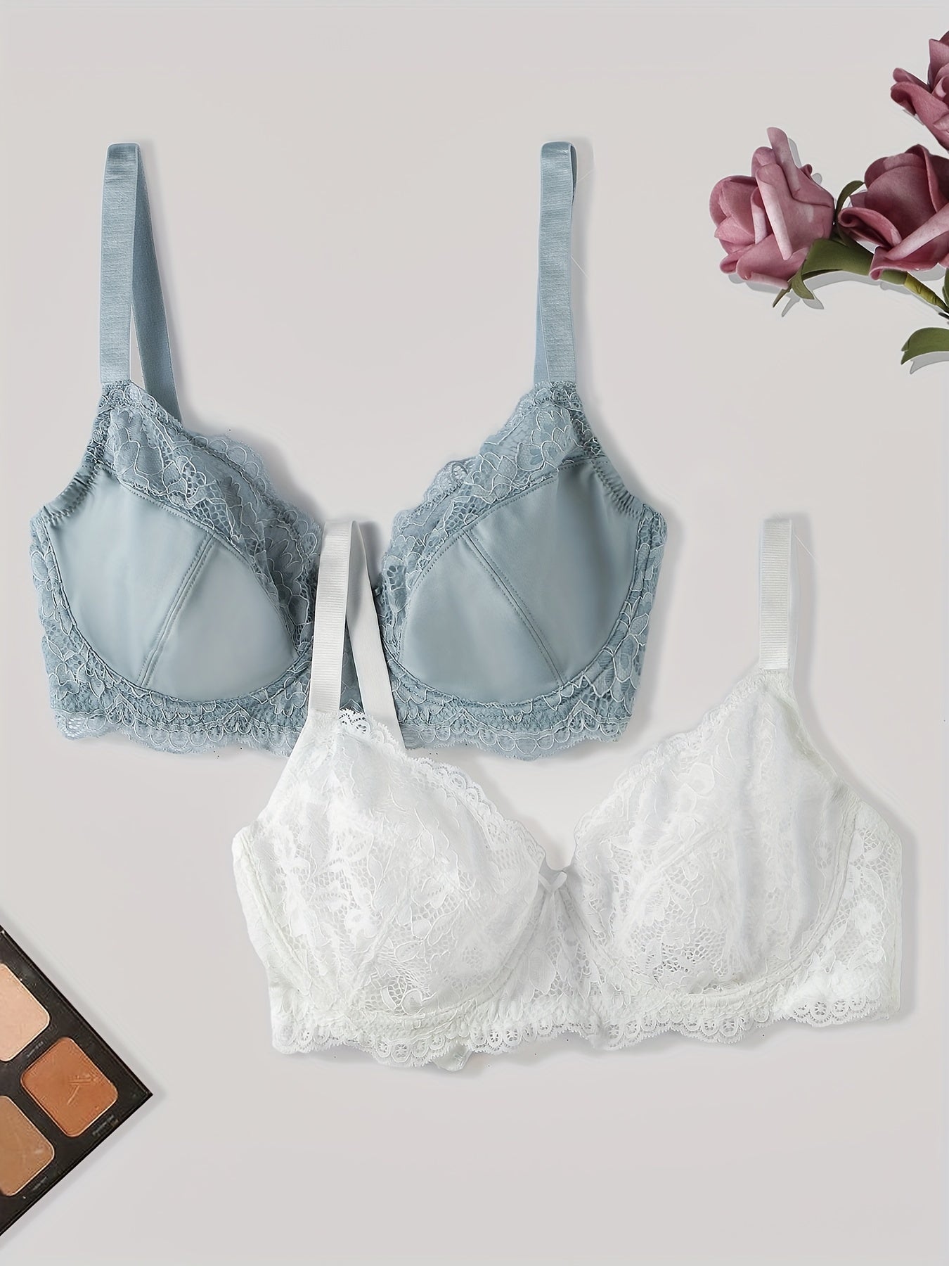 2pcs Floral Lace Push Up Bras Scallop Trim Women's Lingerie