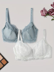 2pcs Floral Lace Push Up Bras Scallop Trim Women's Lingerie
