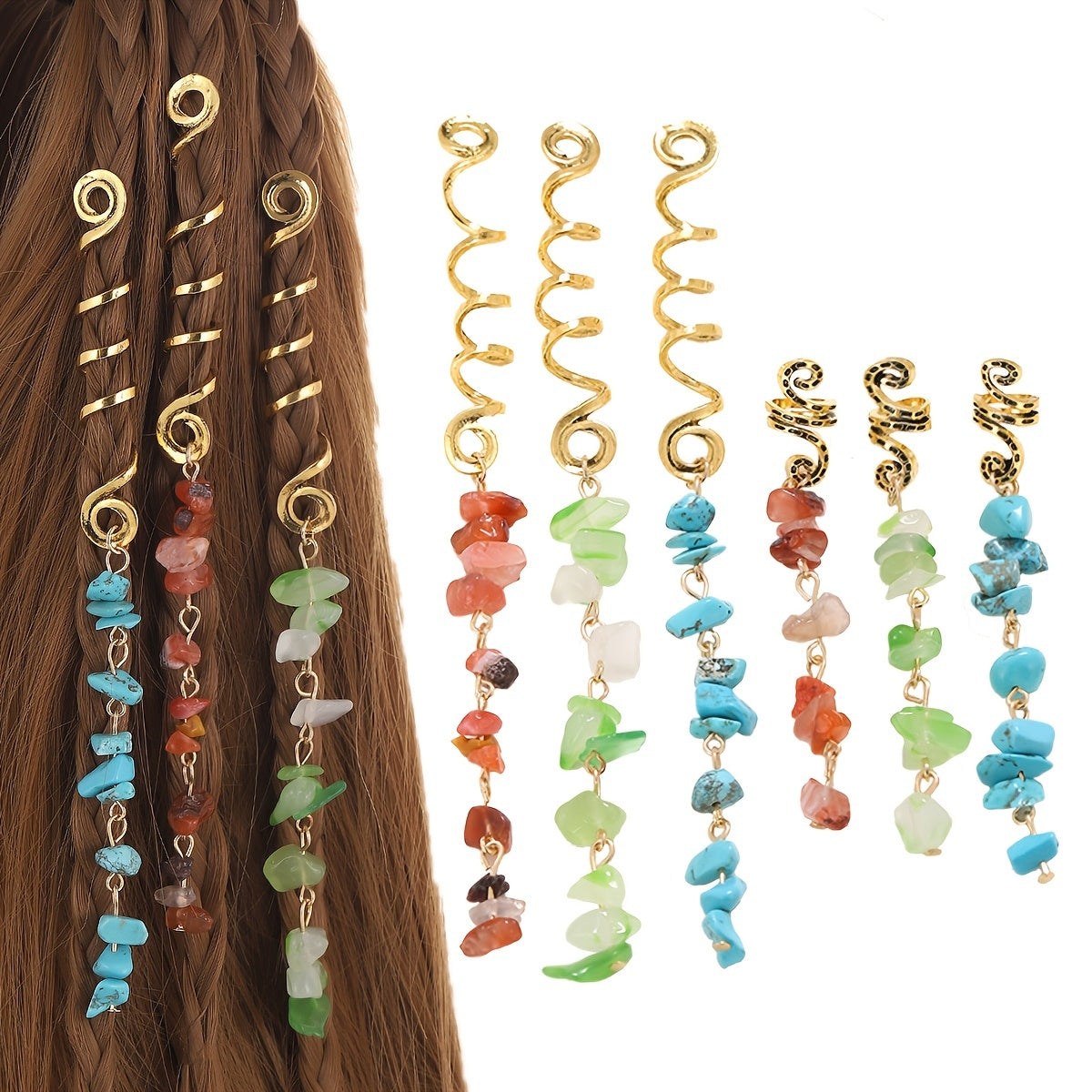 Colorful Stone Pendant Hair Clips, Crystal Jewelry Dreadlock Accessories