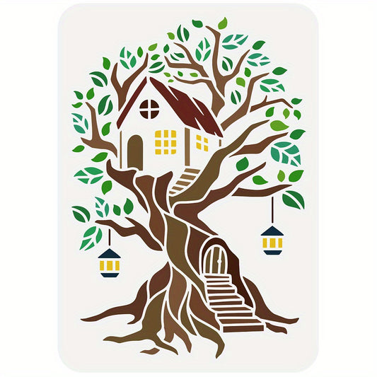 Tree House Stencil - Tree of Life Drawing Stencil - Reusable Log Cabin Craft