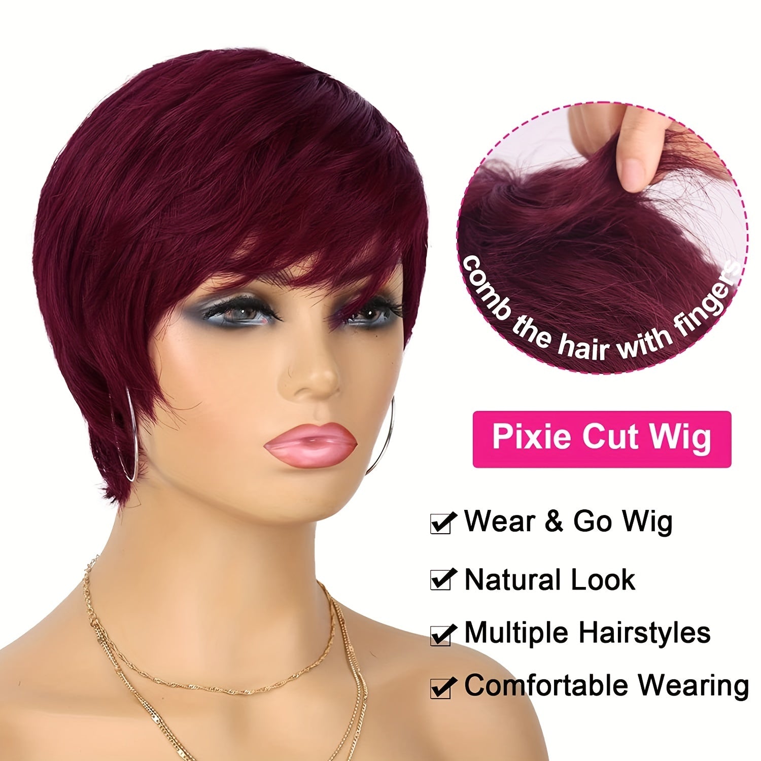 Burgundy Short Pixie Cut Human Hair Wigs For Women